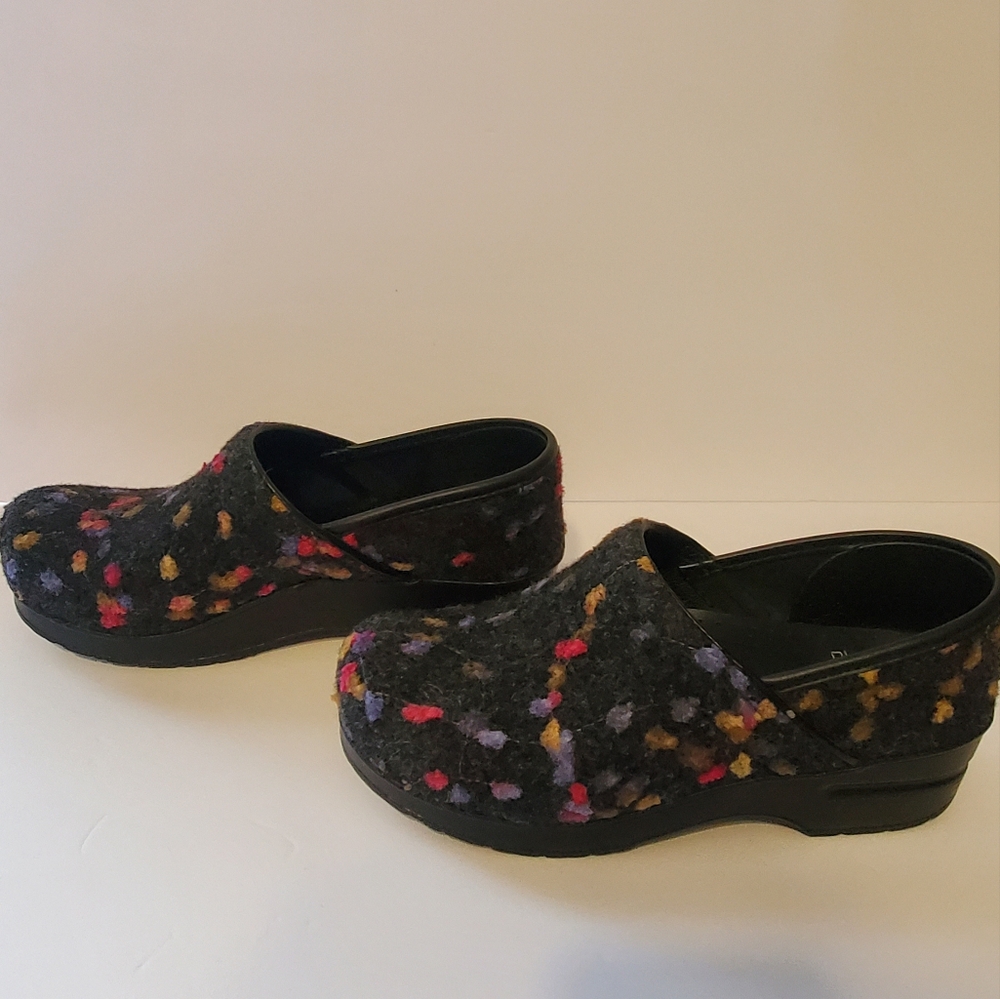 Dansko Black Felt Clogs with Multicolor Dots